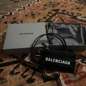 Balenciaga Black Leather Card Holder with Lanyard